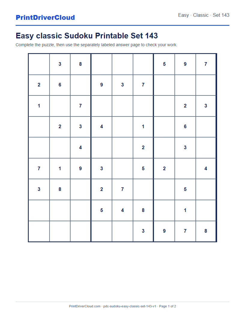 Preview of Easy classic Sudoku Printable Set 143