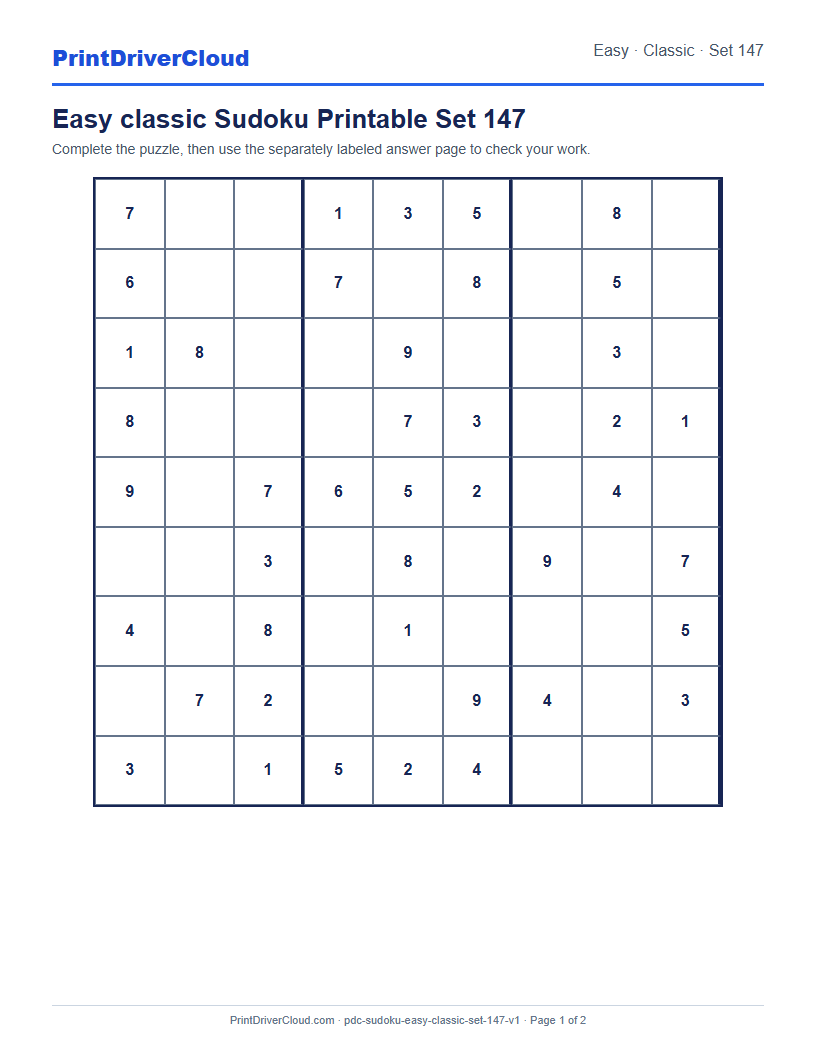 Preview of Easy classic Sudoku Printable Set 147
