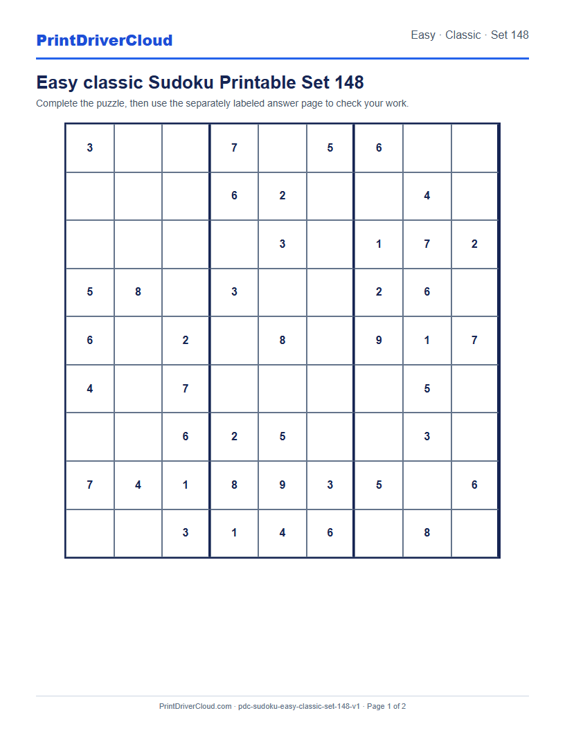 Preview of Easy classic Sudoku Printable Set 148