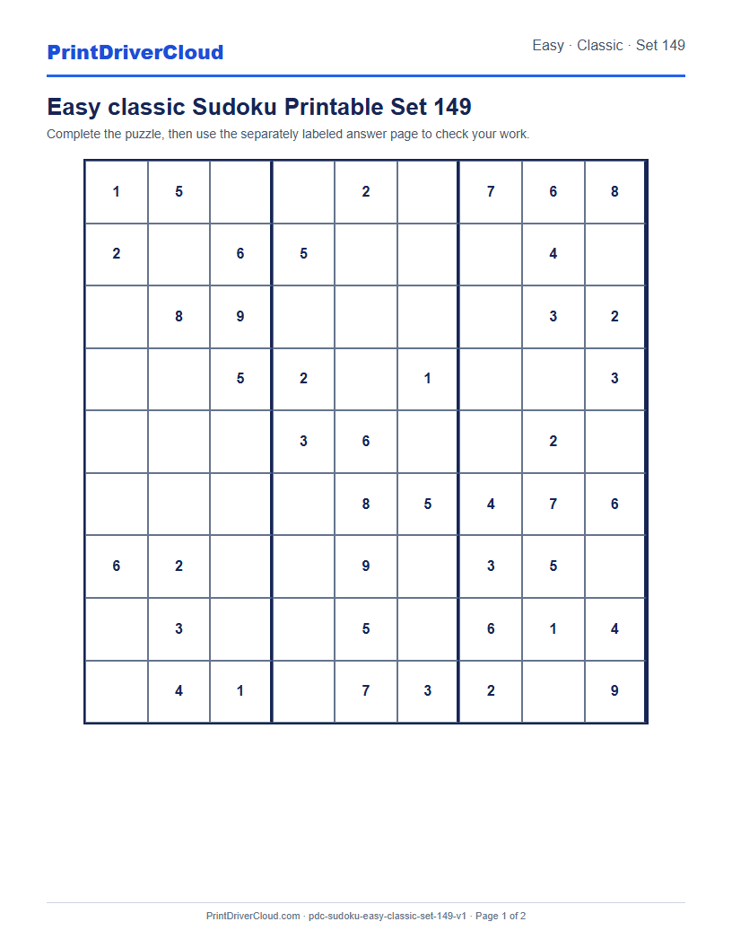 Preview of Easy classic Sudoku Printable Set 149