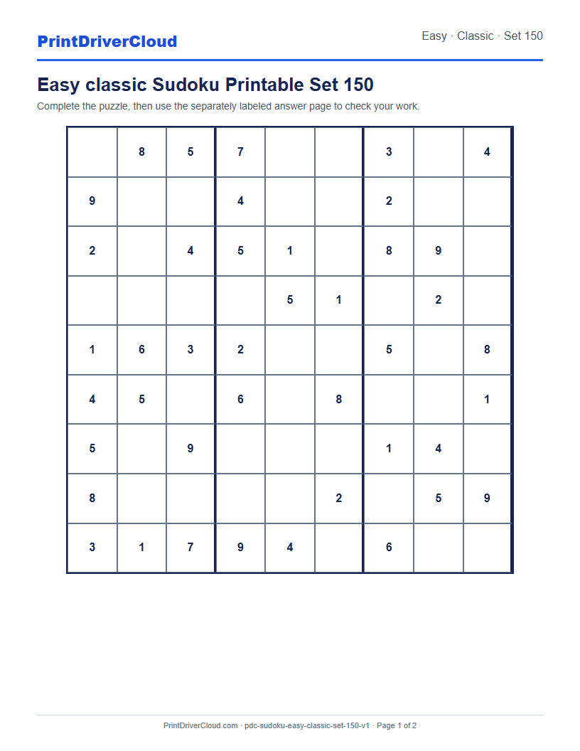 Preview of Easy classic Sudoku Printable Set 150