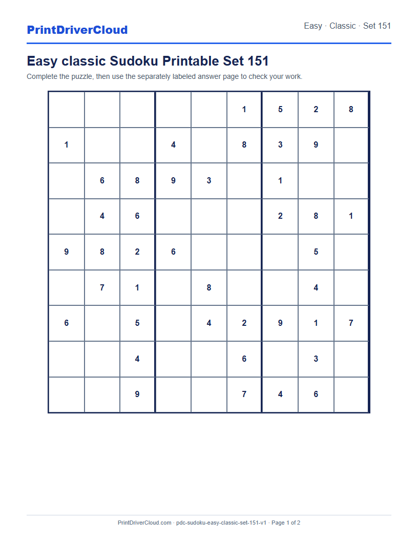 Preview of Easy classic Sudoku Printable Set 151