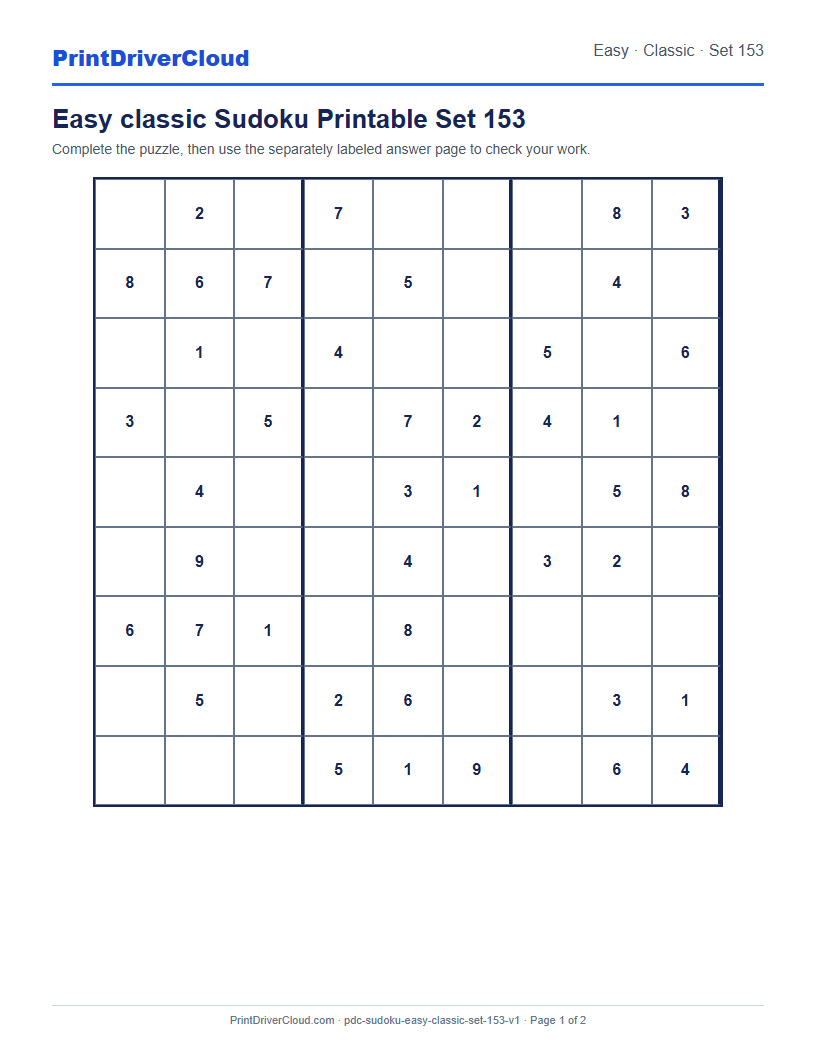 Preview of Easy classic Sudoku Printable Set 153