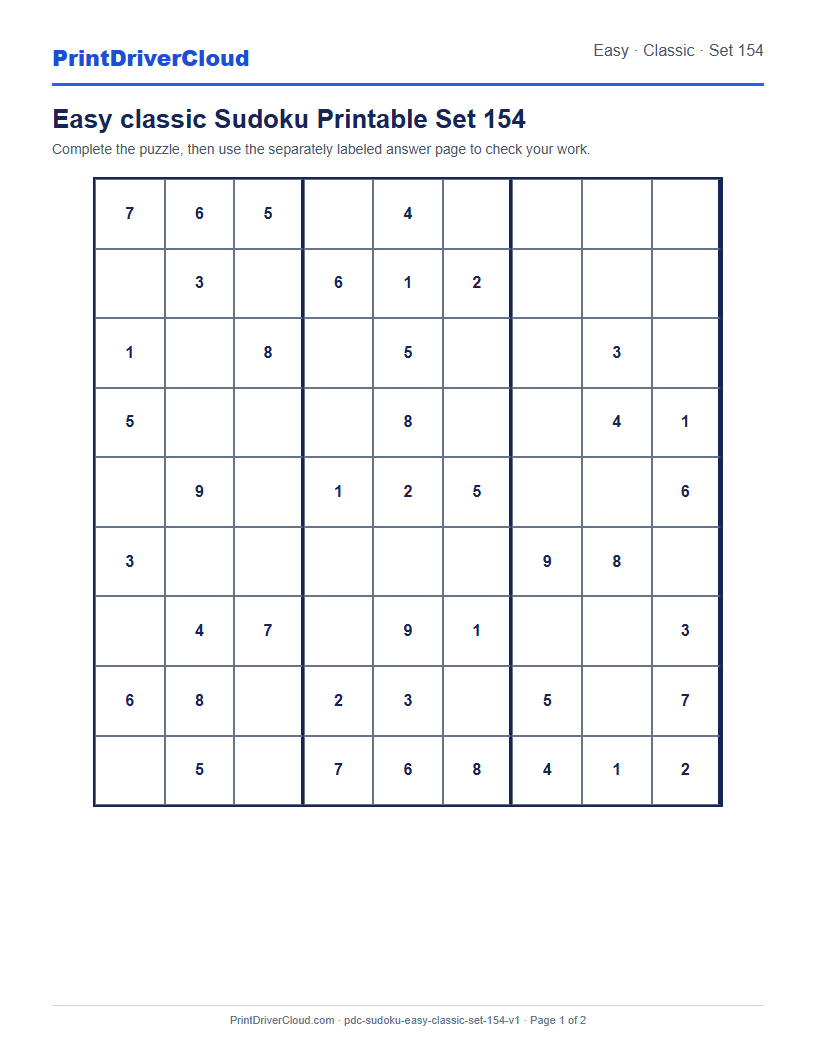 Preview of Easy classic Sudoku Printable Set 154