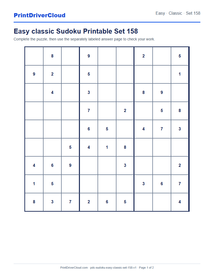 Preview of Easy classic Sudoku Printable Set 158