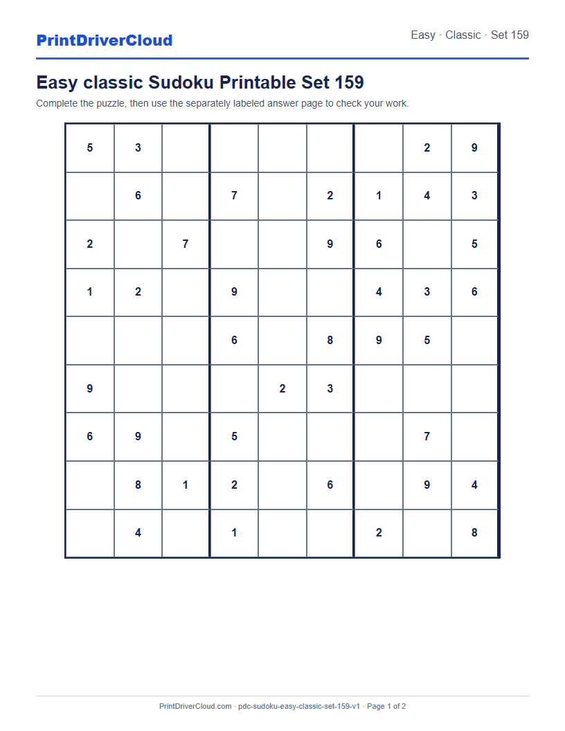 Preview of Easy classic Sudoku Printable Set 159