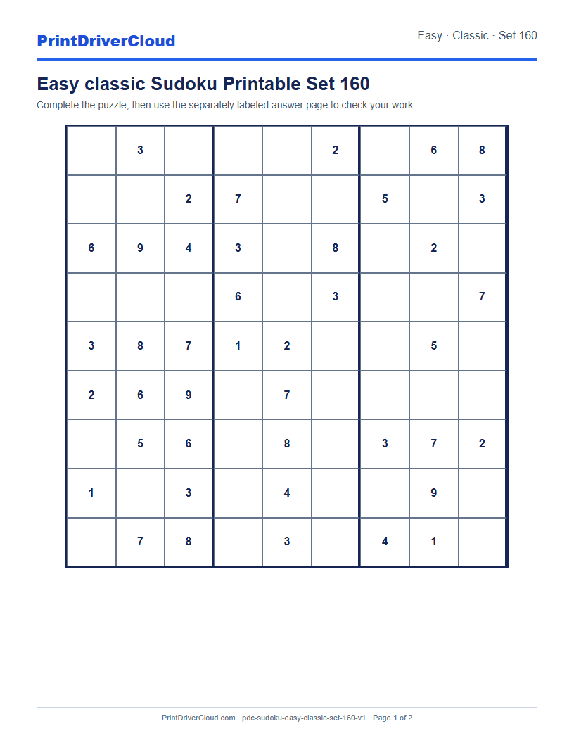Preview of Easy classic Sudoku Printable Set 160