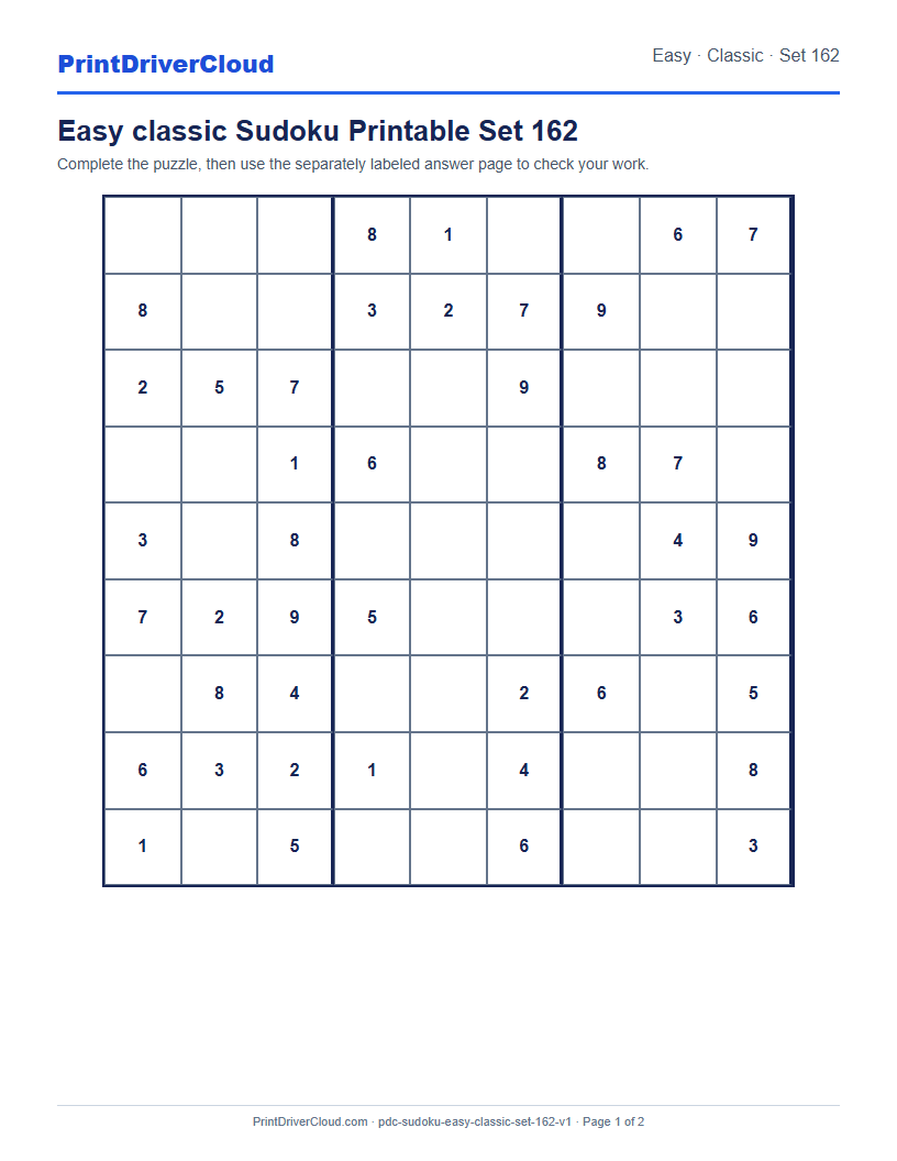 Preview of Easy classic Sudoku Printable Set 162