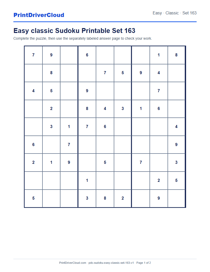 Preview of Easy classic Sudoku Printable Set 163