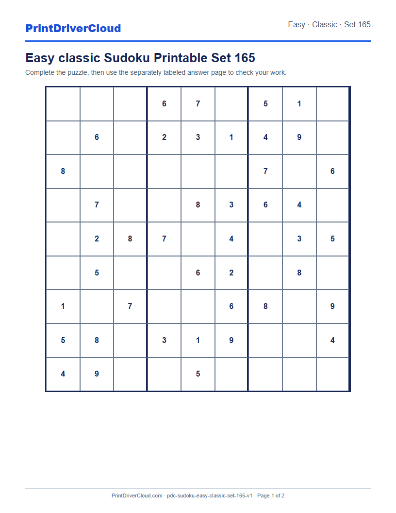 Preview of Easy classic Sudoku Printable Set 165