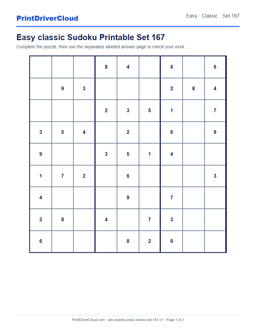Preview of Easy classic Sudoku Printable Set 167
