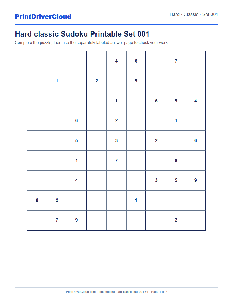 Preview of Hard classic Sudoku Printable Set 001