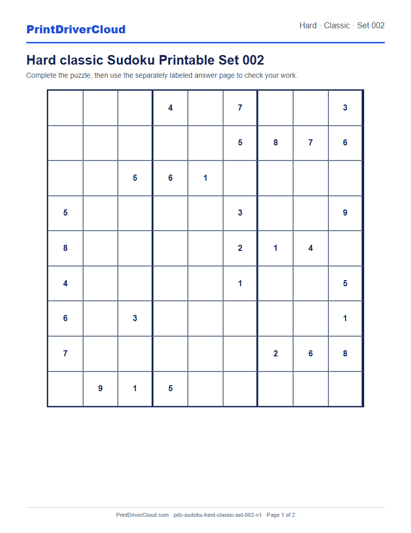 Preview of Hard classic Sudoku Printable Set 002