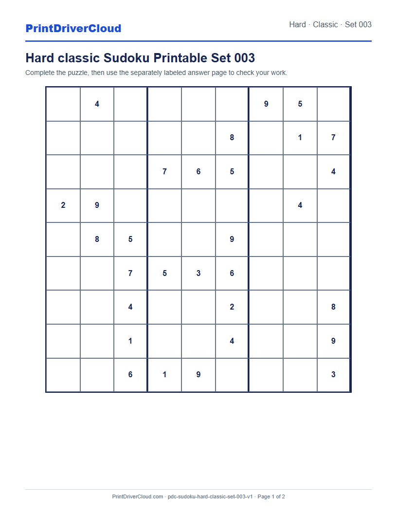 Preview of Hard classic Sudoku Printable Set 003