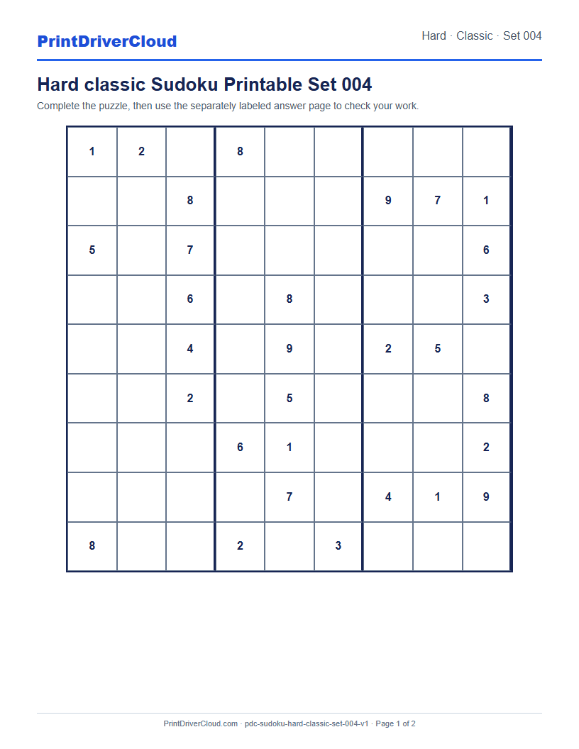 Preview of Hard classic Sudoku Printable Set 004