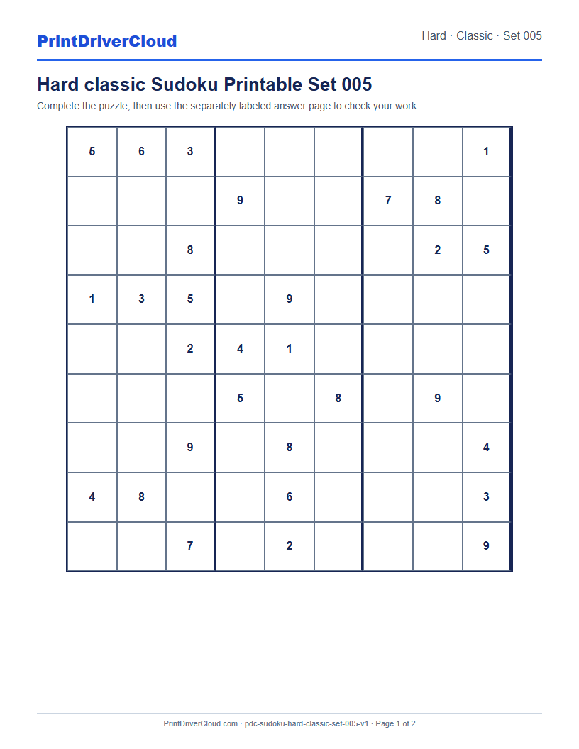 Preview of Hard classic Sudoku Printable Set 005
