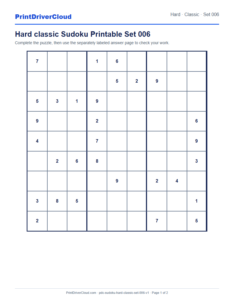 Preview of Hard classic Sudoku Printable Set 006