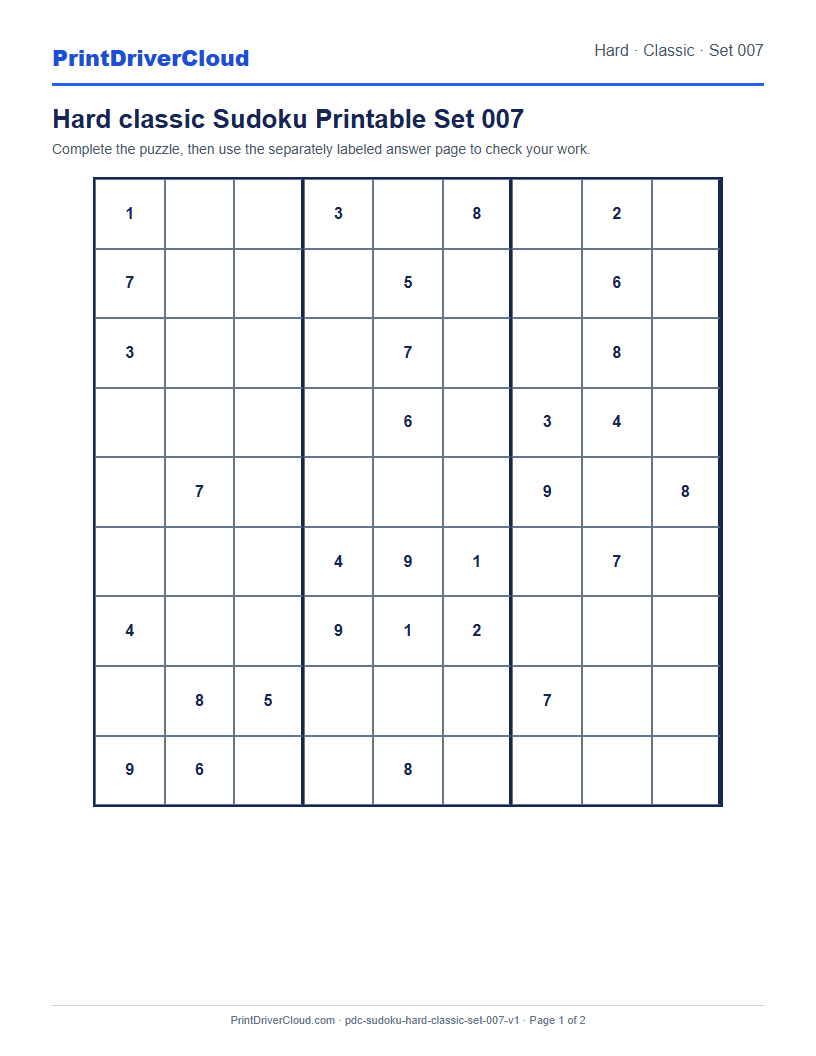 Preview of Hard classic Sudoku Printable Set 007
