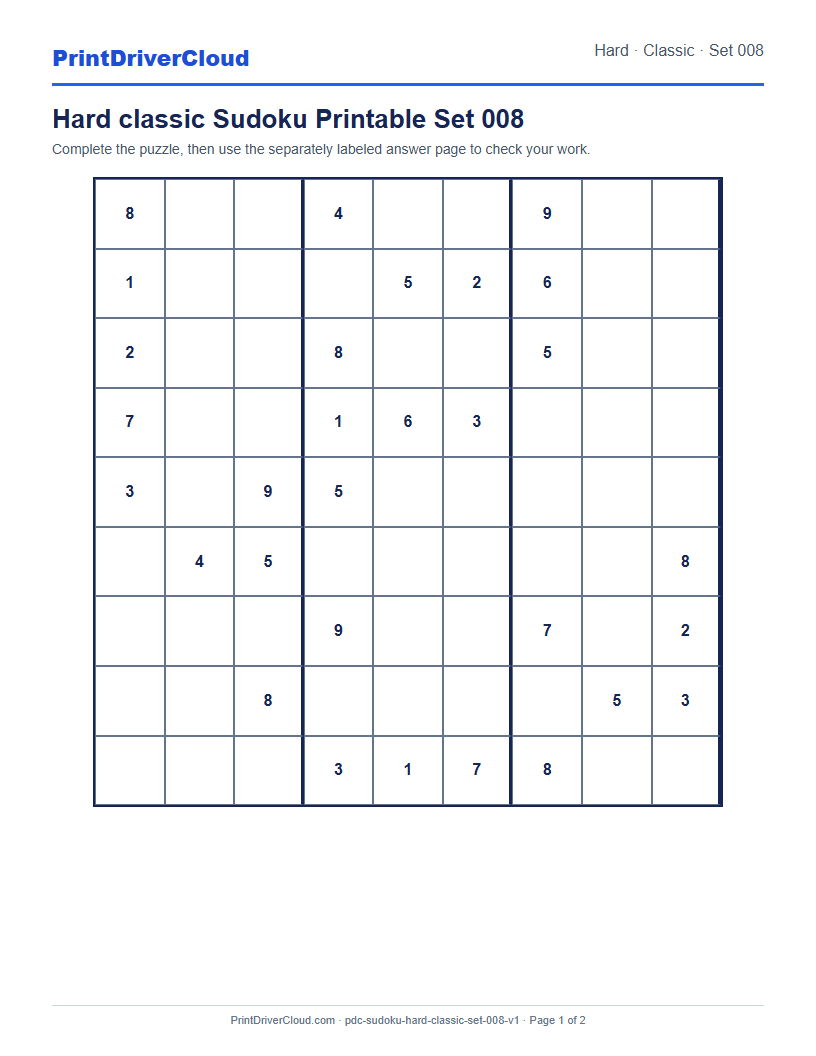 Preview of Hard classic Sudoku Printable Set 008