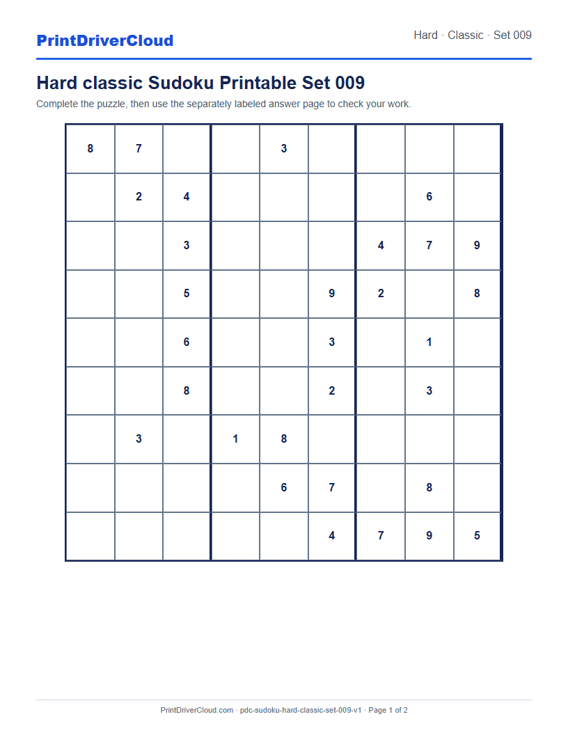 Preview of Hard classic Sudoku Printable Set 009