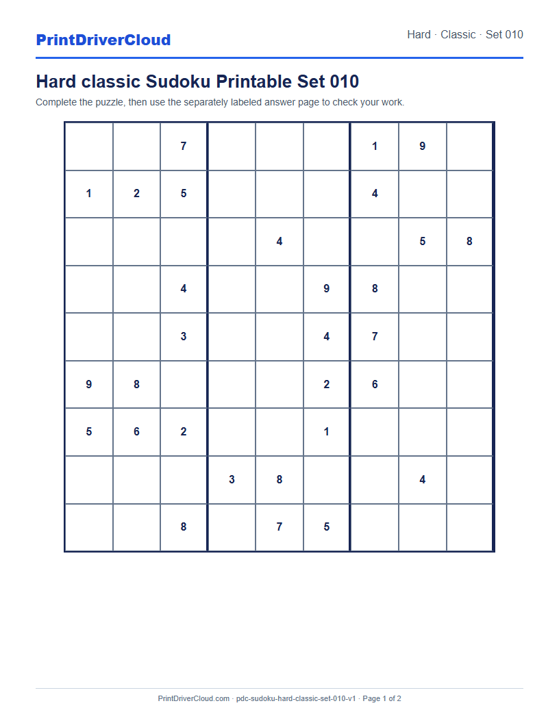 Preview of Hard classic Sudoku Printable Set 010