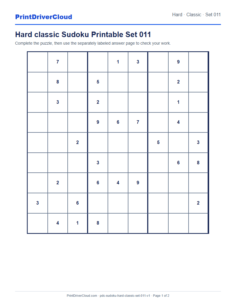 Preview of Hard classic Sudoku Printable Set 011