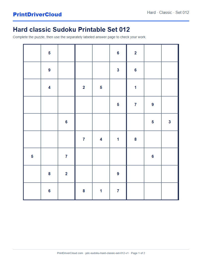 Preview of Hard classic Sudoku Printable Set 012
