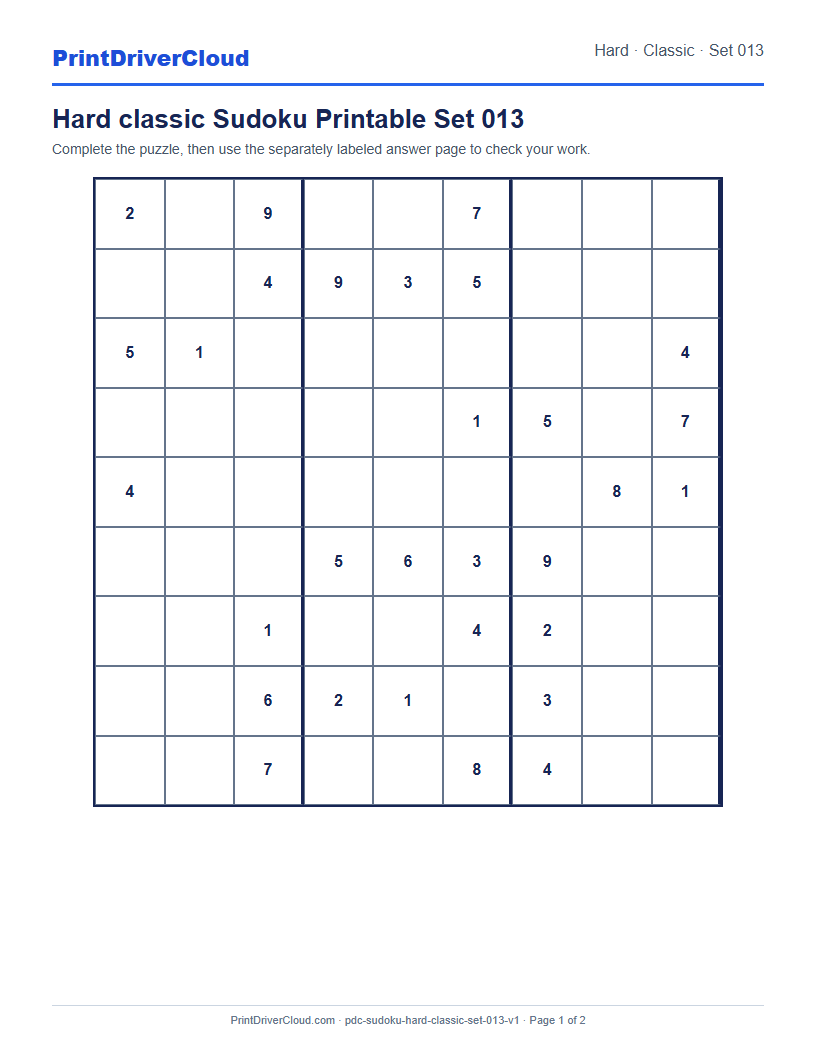 Preview of Hard classic Sudoku Printable Set 013