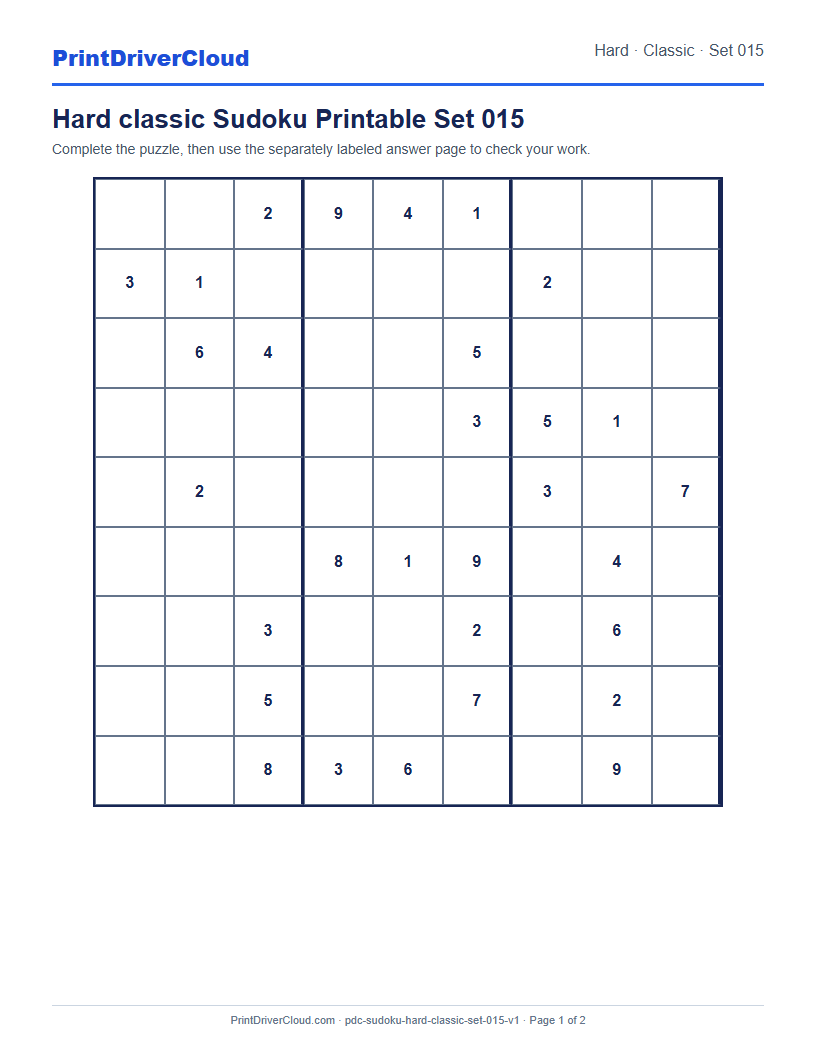 Preview of Hard classic Sudoku Printable Set 015