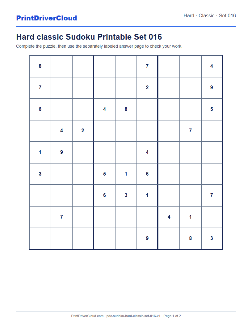 Preview of Hard classic Sudoku Printable Set 016