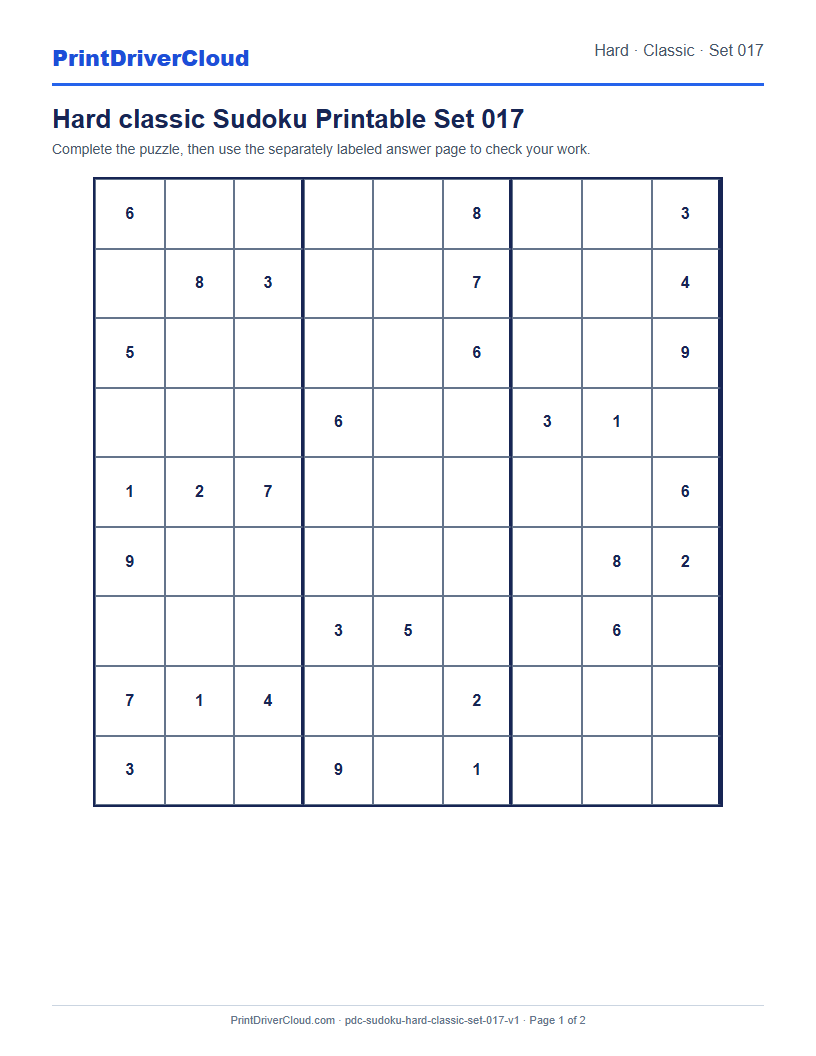 Preview of Hard classic Sudoku Printable Set 017