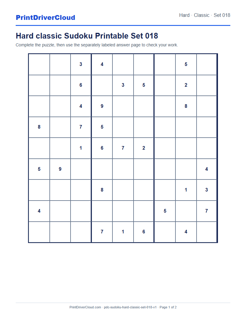 Preview of Hard classic Sudoku Printable Set 018