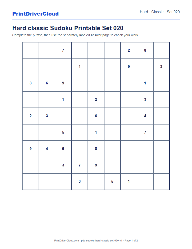 Preview of Hard classic Sudoku Printable Set 020