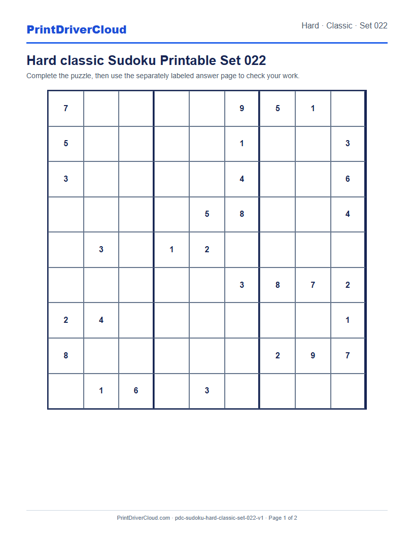 Preview of Hard classic Sudoku Printable Set 022