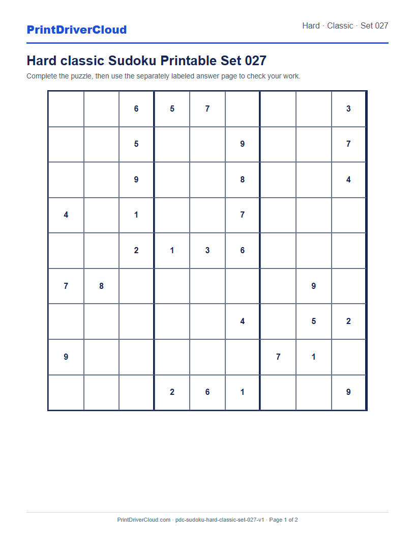 Preview of Hard classic Sudoku Printable Set 027