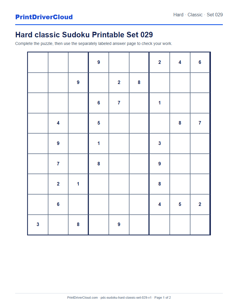 Preview of Hard classic Sudoku Printable Set 029
