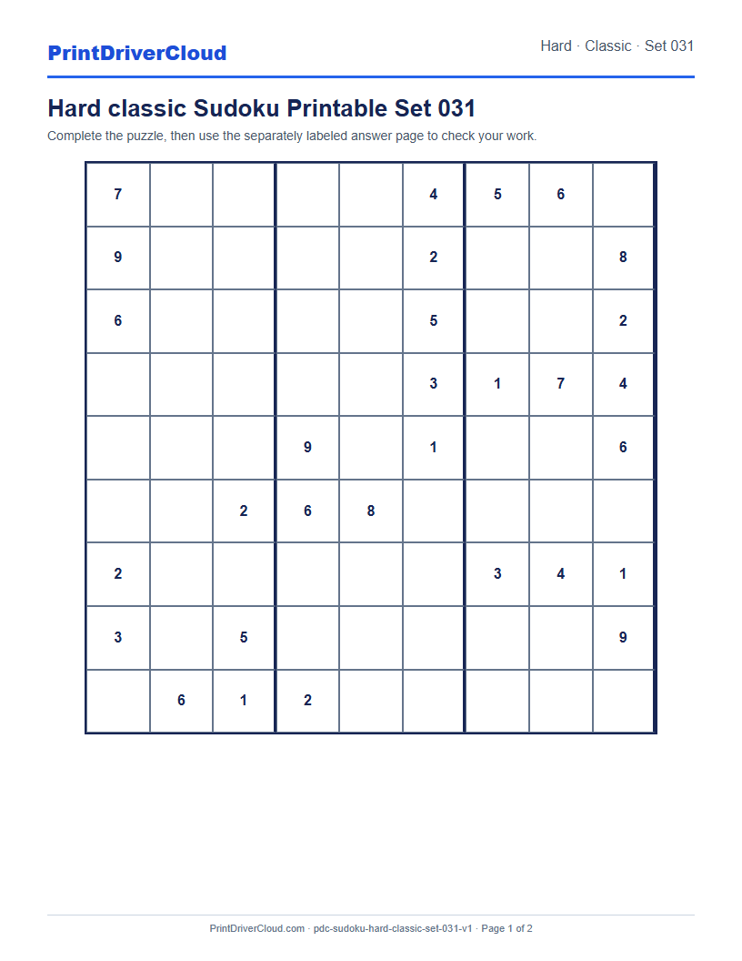 Preview of Hard classic Sudoku Printable Set 031