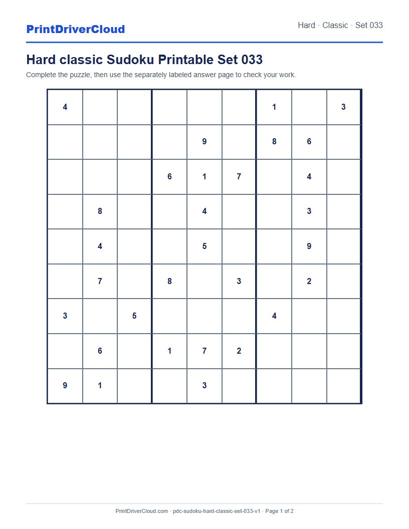 Preview of Hard classic Sudoku Printable Set 033