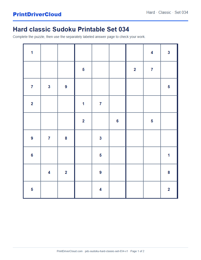 Preview of Hard classic Sudoku Printable Set 034