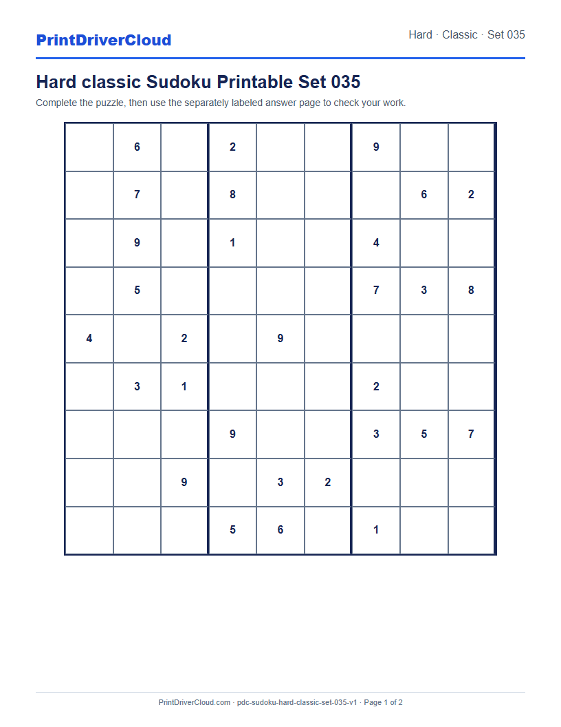 Preview of Hard classic Sudoku Printable Set 035