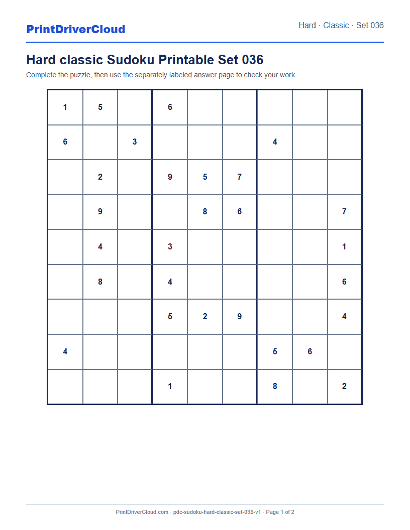 Preview of Hard classic Sudoku Printable Set 036