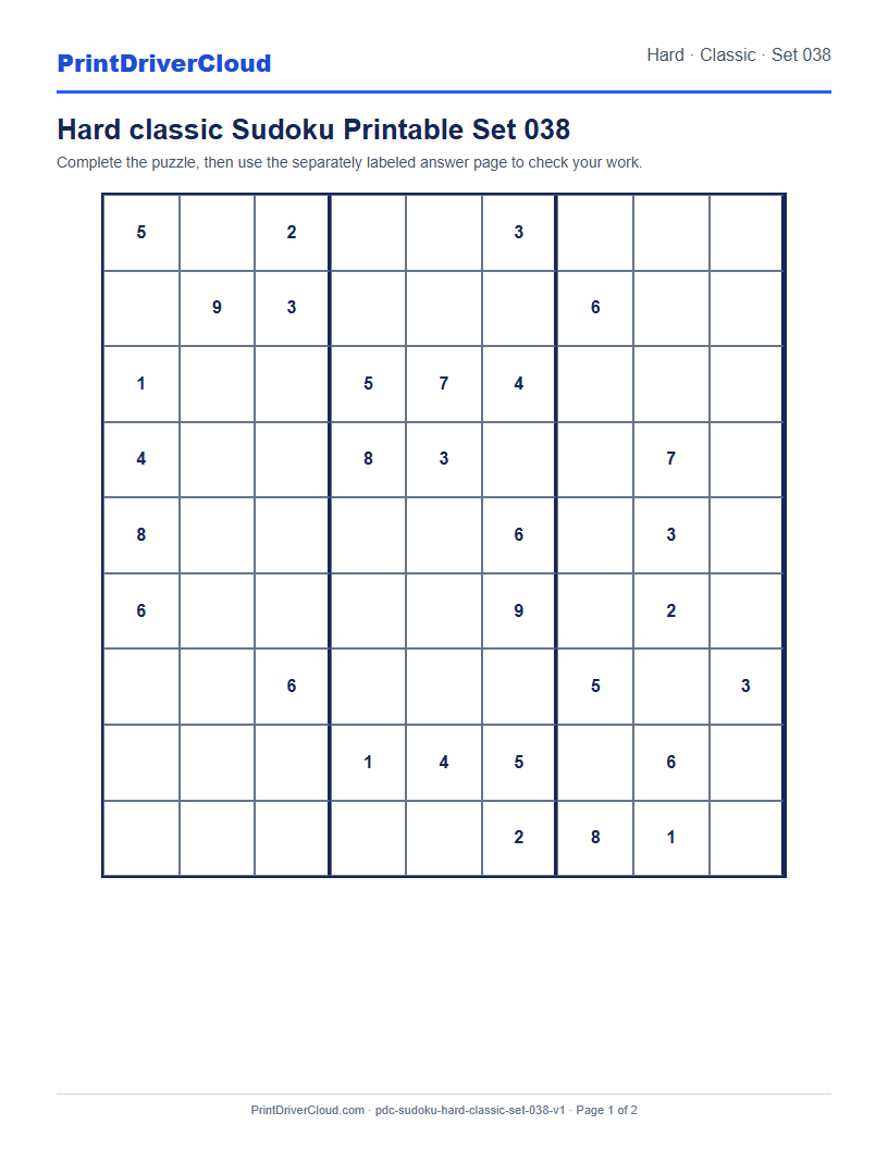 Preview of Hard classic Sudoku Printable Set 038
