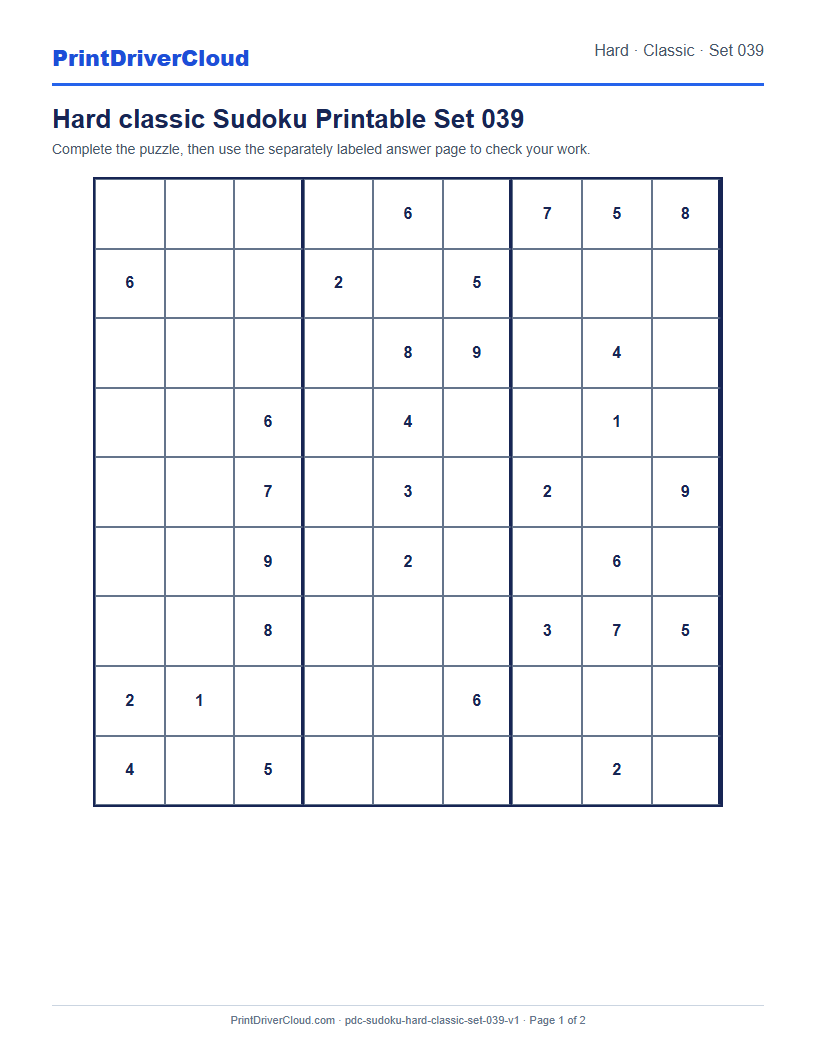 Preview of Hard classic Sudoku Printable Set 039