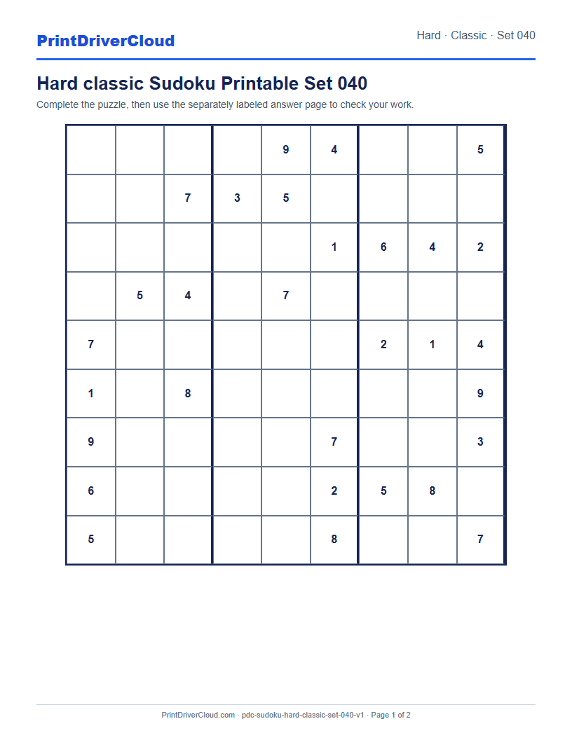 Preview of Hard classic Sudoku Printable Set 040