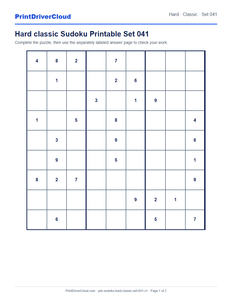 Preview of Hard classic Sudoku Printable Set 041