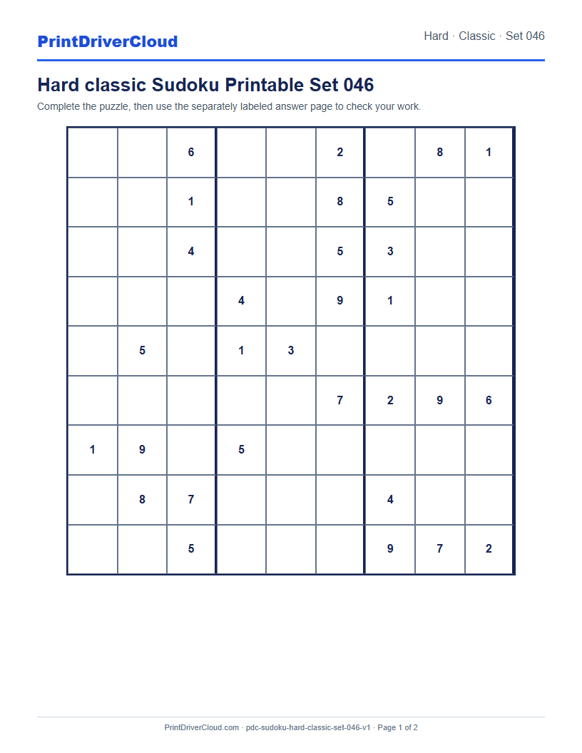 Preview of Hard classic Sudoku Printable Set 046