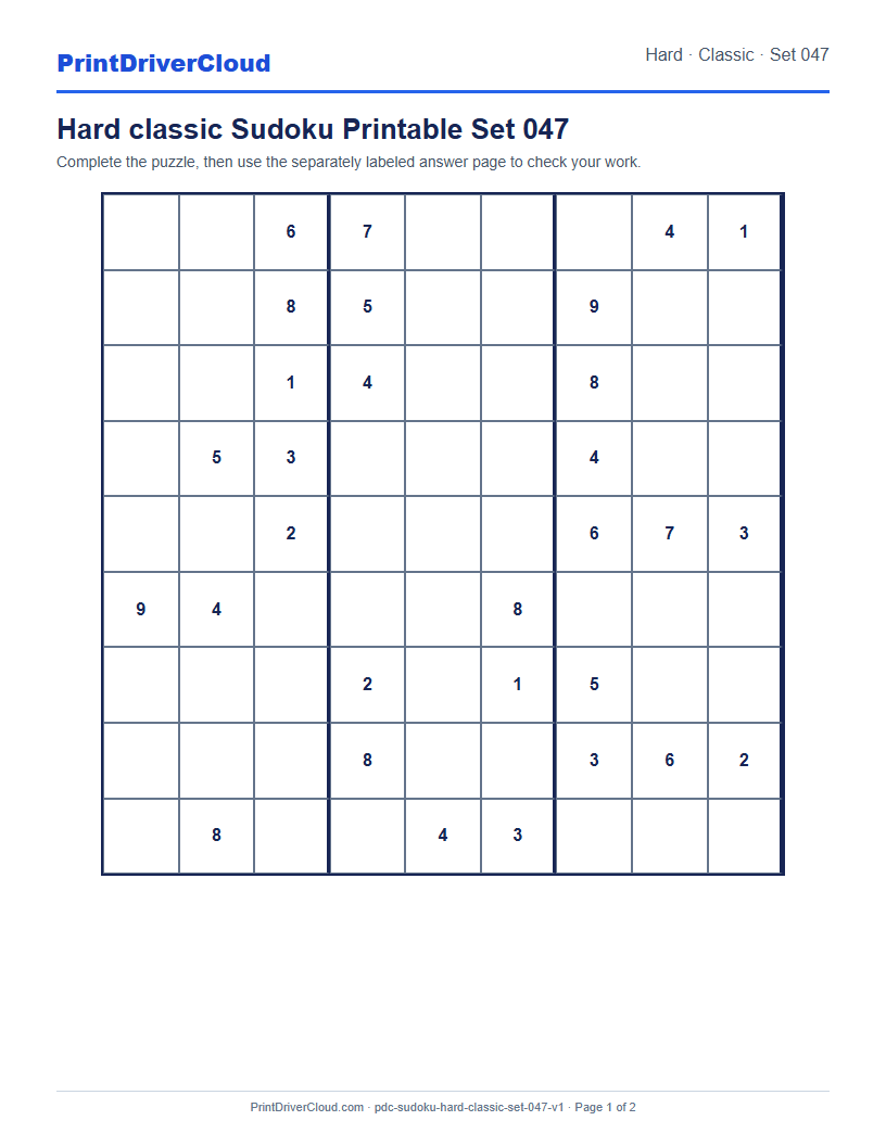 Preview of Hard classic Sudoku Printable Set 047