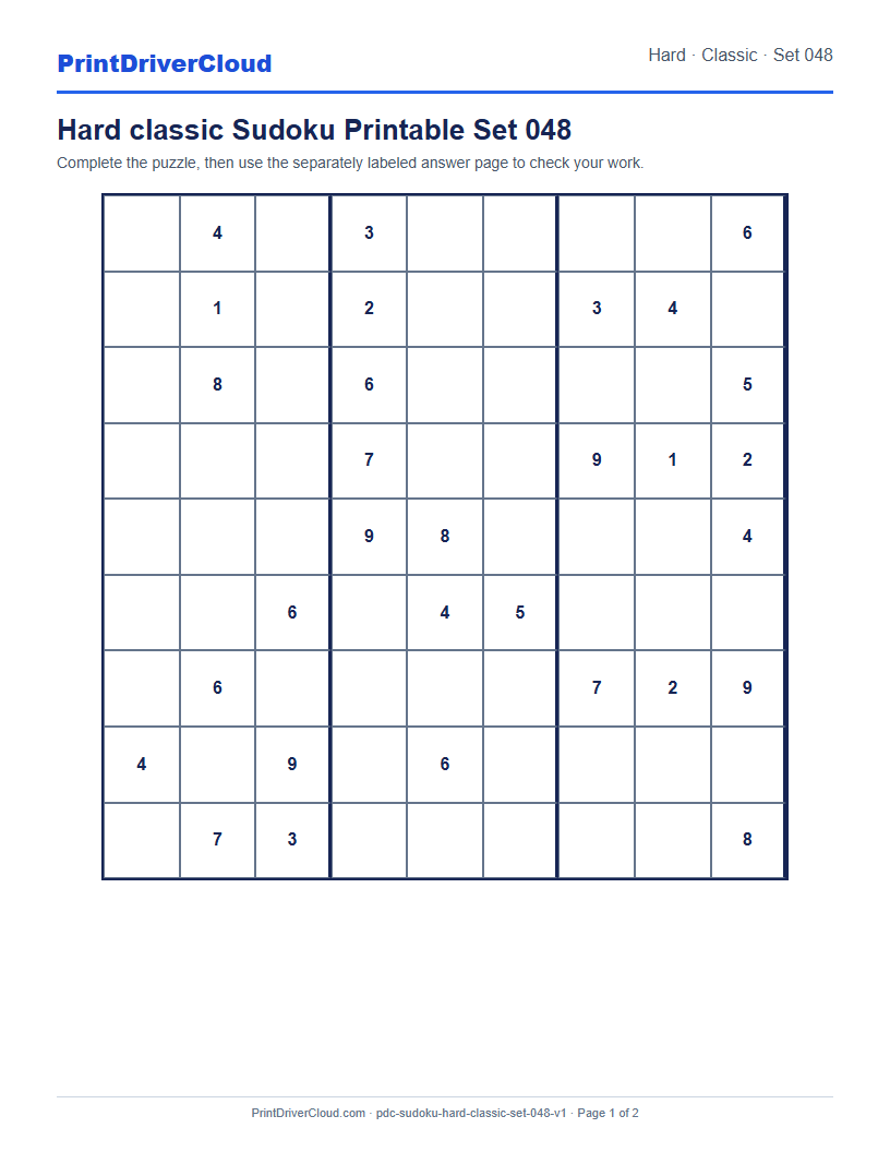 Preview of Hard classic Sudoku Printable Set 048