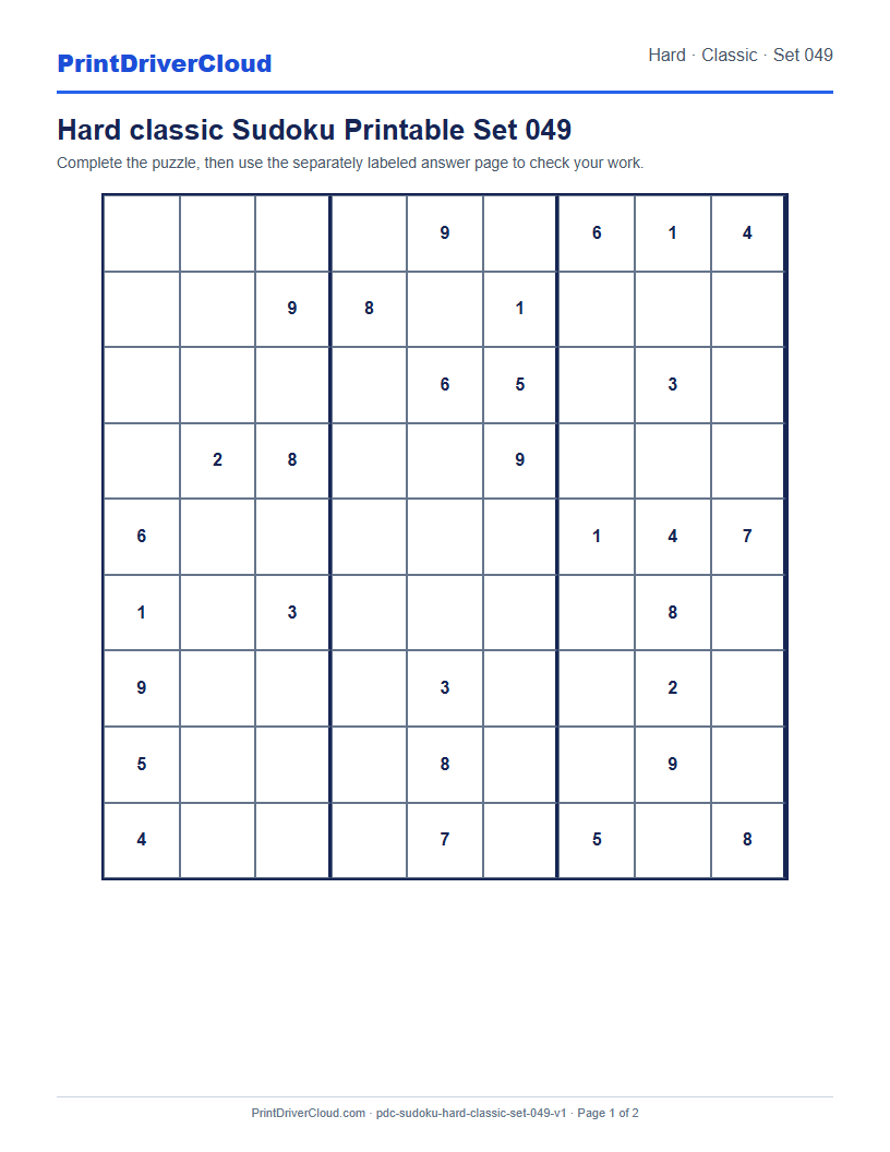 Preview of Hard classic Sudoku Printable Set 049