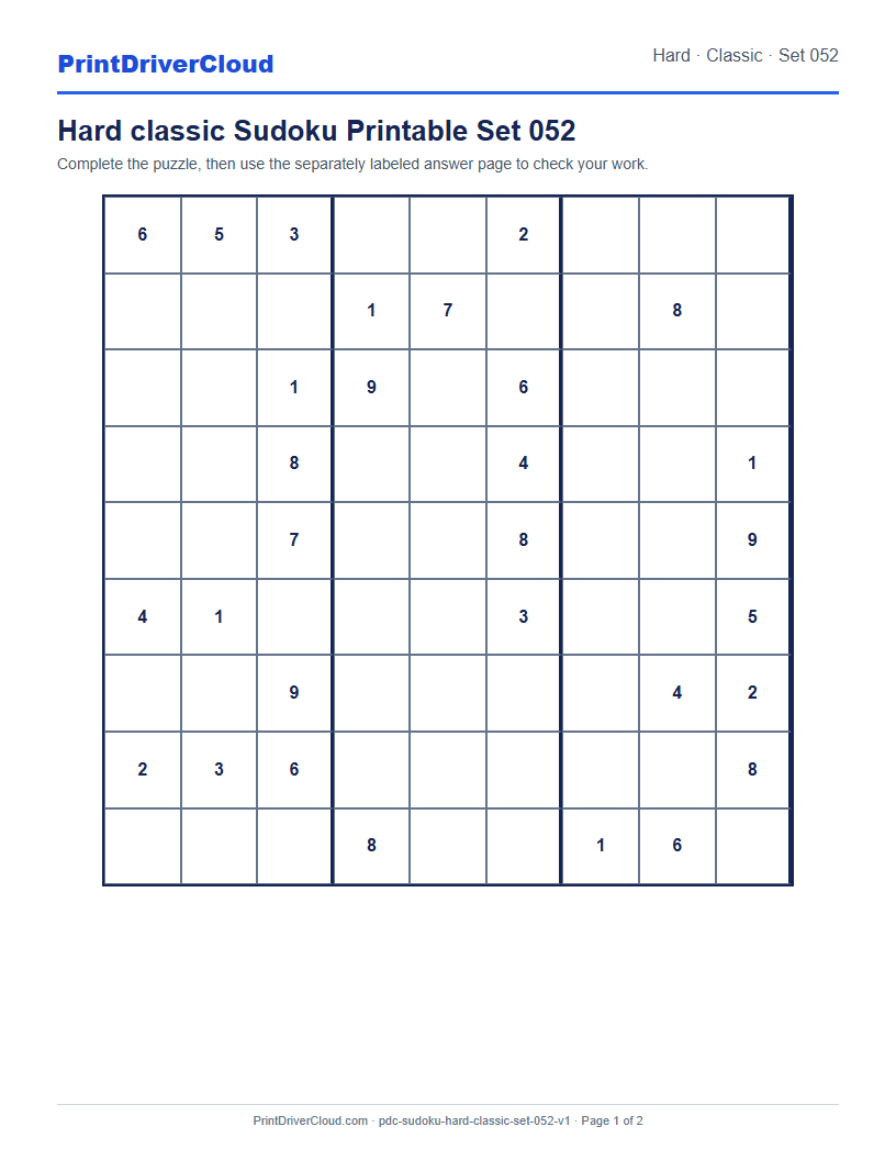 Preview of Hard classic Sudoku Printable Set 052